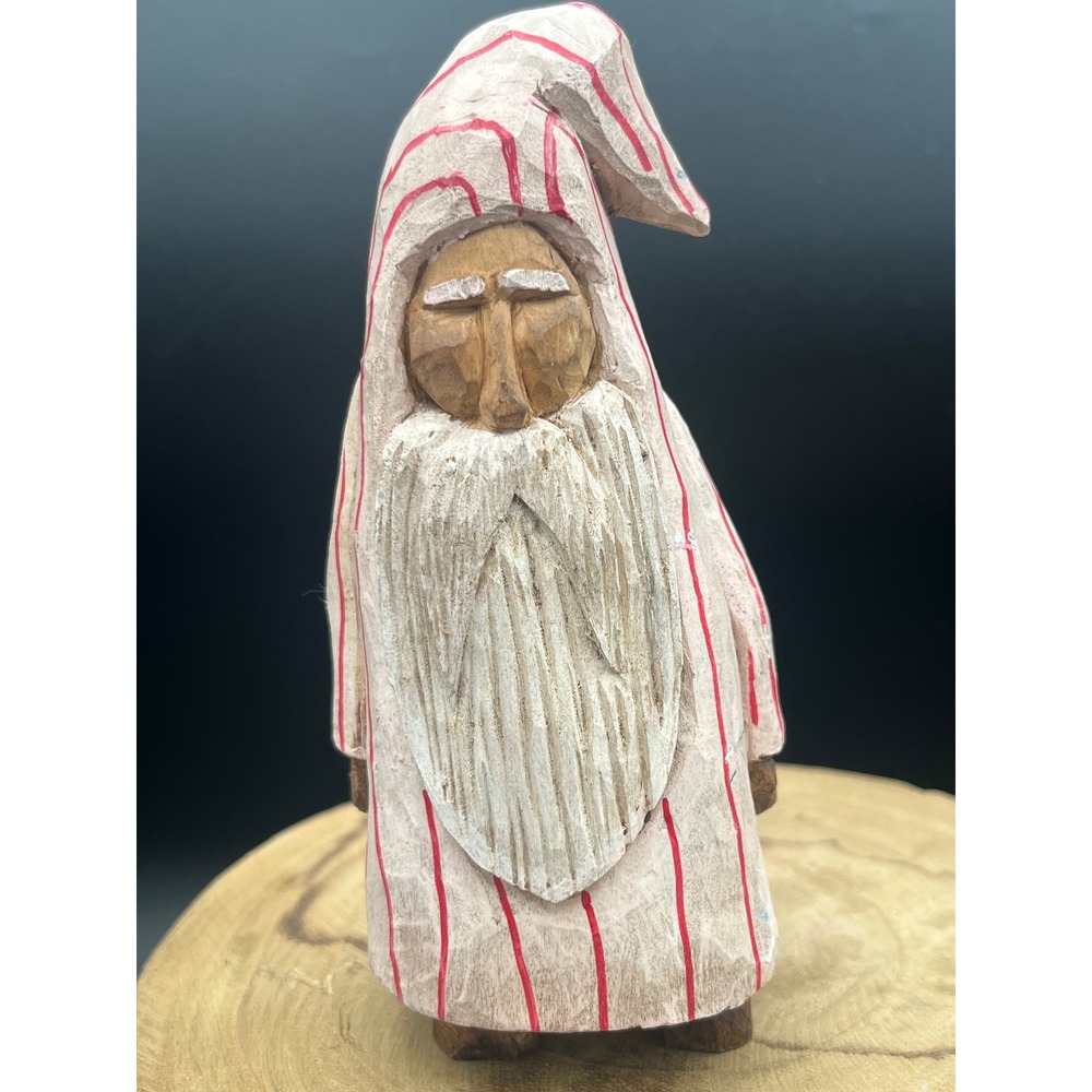 Vintage 1999 Hand Carved Wood Mooning Santa Figurine Folk Art Striped Nightgown - Picture 7 of 7